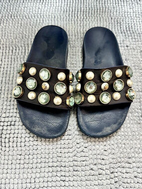 Tory Burch Vail Embellished Pool Slide Sandals Black & Gold US 5